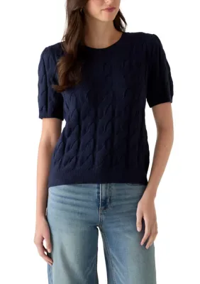 Short Puff Sleeve Cable Crew Neck Sweater by 1.State