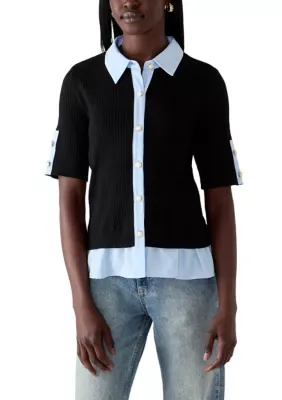 Collared Layered Short Sleeve Sweater by Nicole Miller