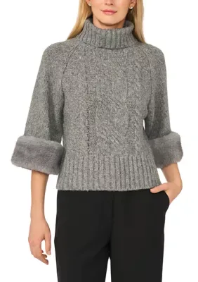 Fur Sleeve Cable Turtleneck Sweater by Ted Baker