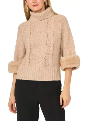 Fur Sleeve Cable Turtleneck Sweater