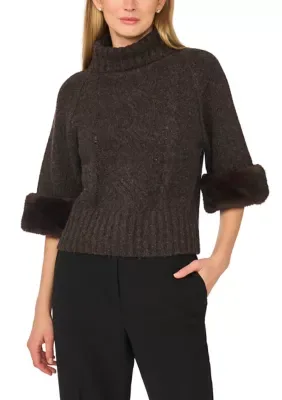 Fur Sleeve Cable Turtleneck Sweater
