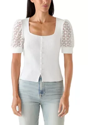 Eyelet Short Sleeve Square Neck Button Top Sweater