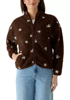 Mock Neck Zip Front Flower Print Jacket by Derek Heart