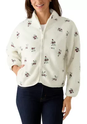 Mock Neck Zip Front Flower Print Jacket