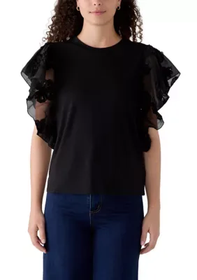 Short Ruffle Sleeve Top by Nicole Miller