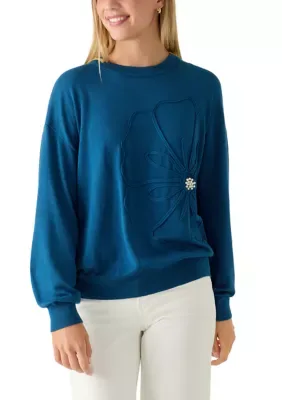Long Sleeve Crew Neck with Flower Pullover