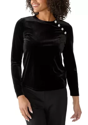 Long Sleeve Velvet Pullover with Buttons by Anne Klein