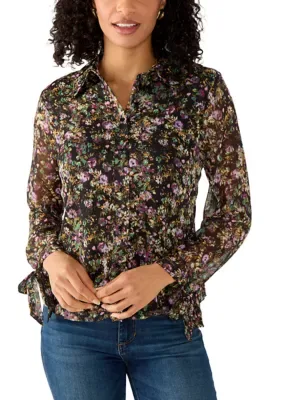Long Sleeve Button Down Blouse with Tie Cuffs by CeCe