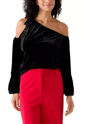 One Shoulder Velvet Sequin Bow Top