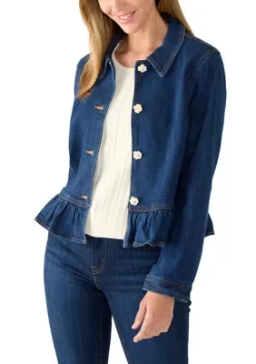 Long Sleeve Collared Peplum Denim Jacket by CeCe