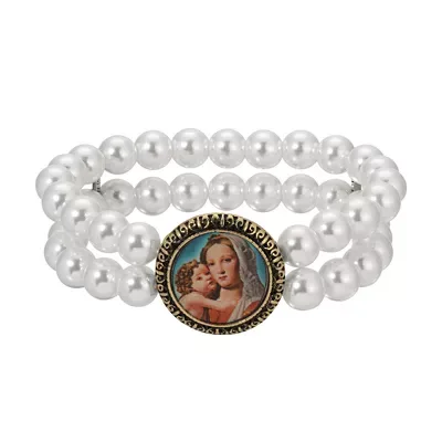 Gold Tone Round Decal Double Strand Faux Pearl Stretch Bracelet, 7.5 In by Symbols of Faith