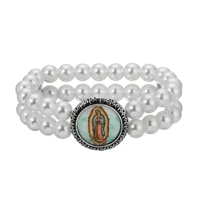 Our Lady of Guadalupe Decal Double Strand Faux Pearl Stretch Bracelet, 7 In by Symbols of Faith