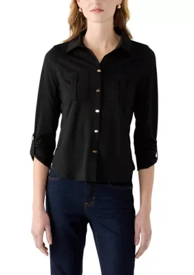 Collared Button-Front 3/4 Sleeve Shirt by Rio & Rian