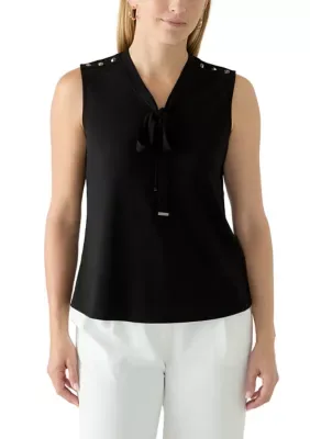 Neck Tie Sleeveless Top with Hardware Detail by Rio & Rian