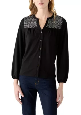 Long Sleeve Embroidered Henley Top by Rio & Rian