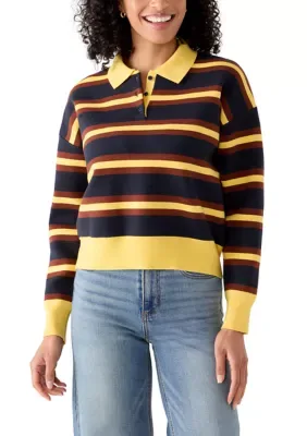 Long Drop Shoulder Sleeve Striped Knit Polo Shirt by Muse Republic Clothing
