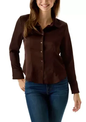 Long Sleeve Fitted Woven Satin Collared Button Up Shirt by Muse Republic Clothing