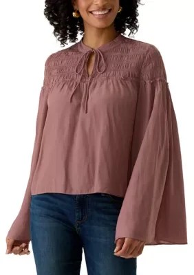Tie Neck Long Sleeve Airflow Blouse with Shirred Yoke by Muse Republic Clothing