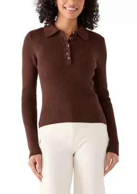 Long Sleeve Half Button-Front Ribbed Polo Sweater by Muse Republic Clothing