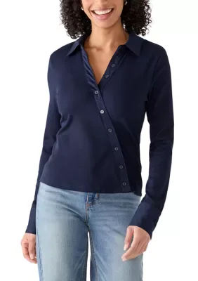 Long Sleeve Asymmetric Button Knit Top by Muse Republic Clothing