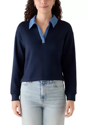 Collared Split Neck Mixed Media Pullover Top by Truth by Republic