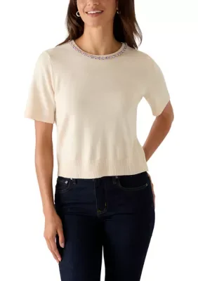 Short Sleeve Crew Neck Embellished Sweater by CeCe
