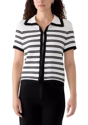 Striped Collared Short Sleeve Cardigan by Vince Camuto