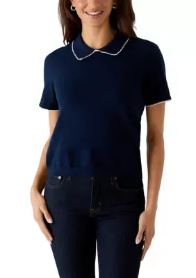 Short Sleeve Contrast Trim Collar Sweater by CeCe