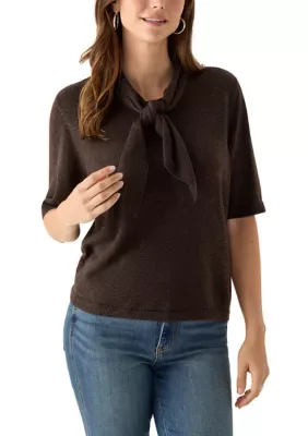 Short Sleeve Tie Neck Sweater by CeCe