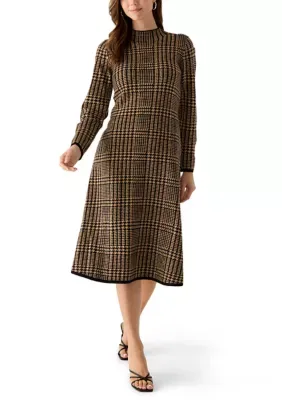 Long Sleeve Mock Neck Houndstooth Dress by Robbie Bee