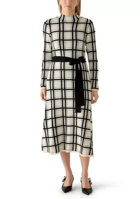 Long Sleeve Knit Belted Windowpane Dress by Robbie Bee