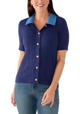 Collared Short Sleeve Button Top with Cable Stitch Pocket by Rio & Rian