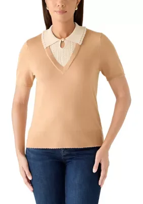 Short Sleeve Collared Cable Stitch Top by Rio & Rian