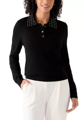 Collared Neck Long Sleeve Top with Hot Fix Details by Rio & Rian