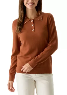 Collared Neck Long Sleeve Top with Hot Fix Details