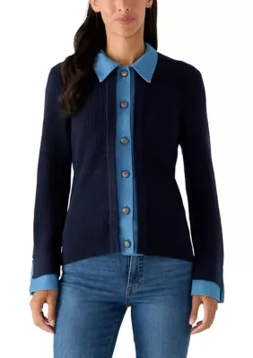 Denim Collar Button Up Cardigan by Rio & Rian
