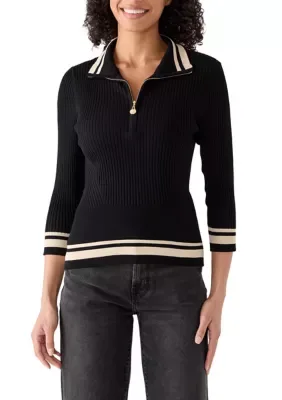 Zippered Neck 3/4 Sleeve Pullover with Contrast Tipping by Rio & Rian