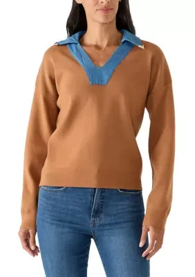 Denim Collar Long Sleeve Sweater by Rio & Rian