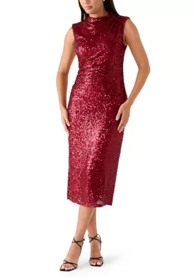 Drape Neck Sequin Midi Dress
