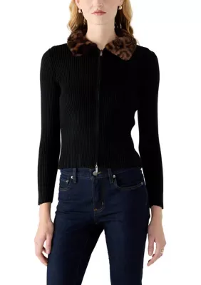 Fur Collar Zip Up Sweater