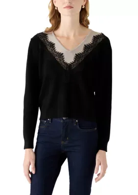 Lace Trim V-Neck Sweater by Laundry by Shelli Segal