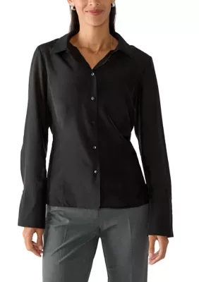 Long Sleeve Button Down Back Waist Belt Top