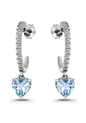 Semi Precious Heart Shaped Stone Drop on Pave White Topaz Sterling Silver Half Hoop Post Earrings by Belk & Co