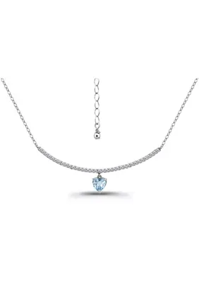 Semi Precious Heart Shaped Stone on Pave White Topaz Curved Bar Sterling Silver Frontal Necklace
