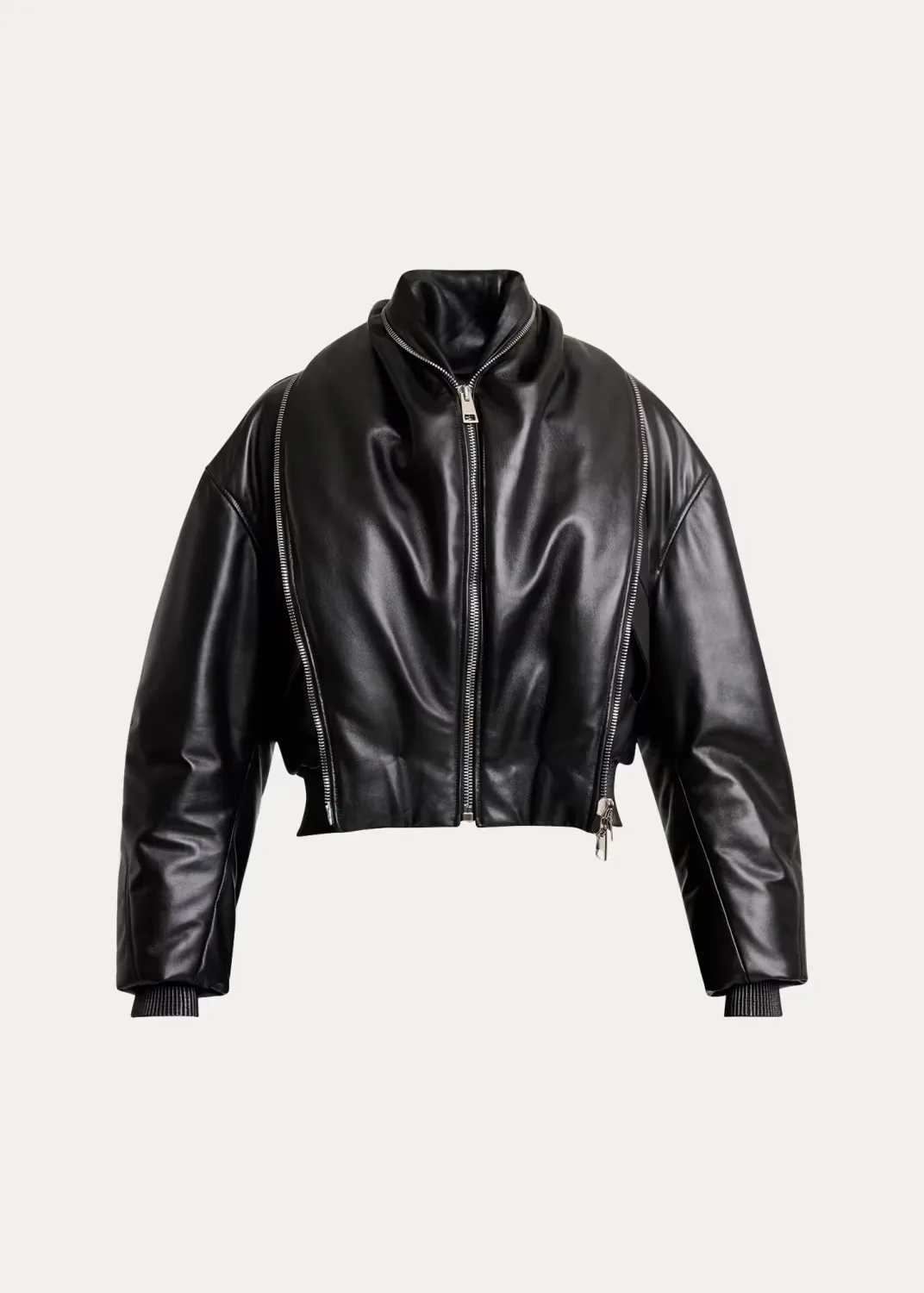 Double Shawl-Collar Leather Crop Bomber Jacket