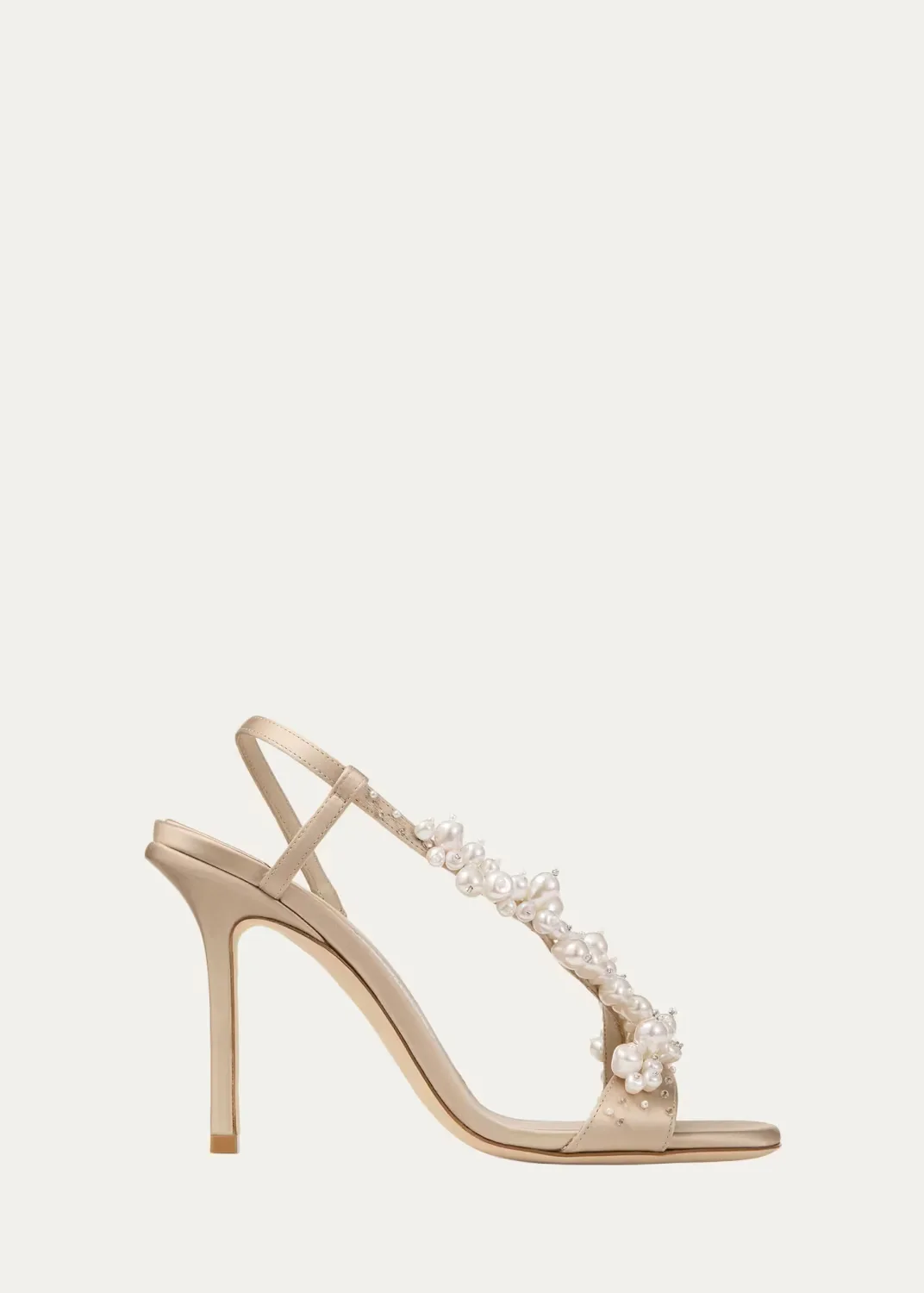 100mm Irina Pearly Asymmetric Satin Sandals by Jimmy Choo
