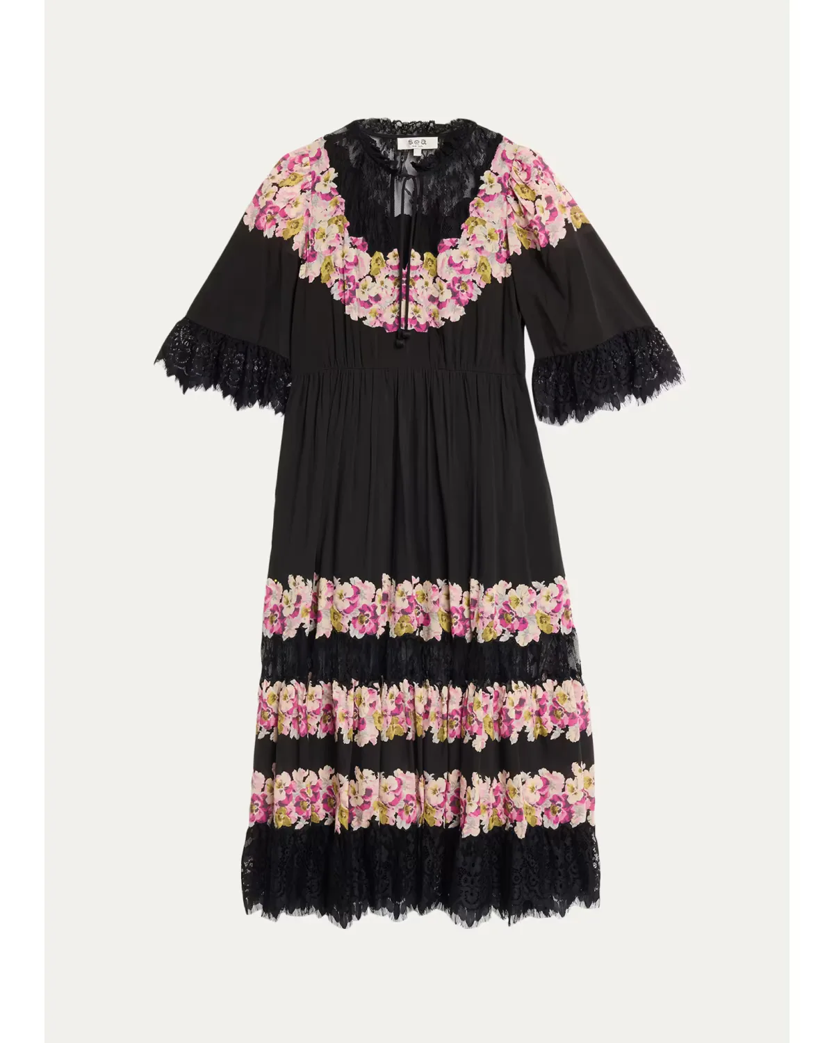 3/4-Sleeve Persephone Print Cotton Lace-Trim Midi Dress by Sea