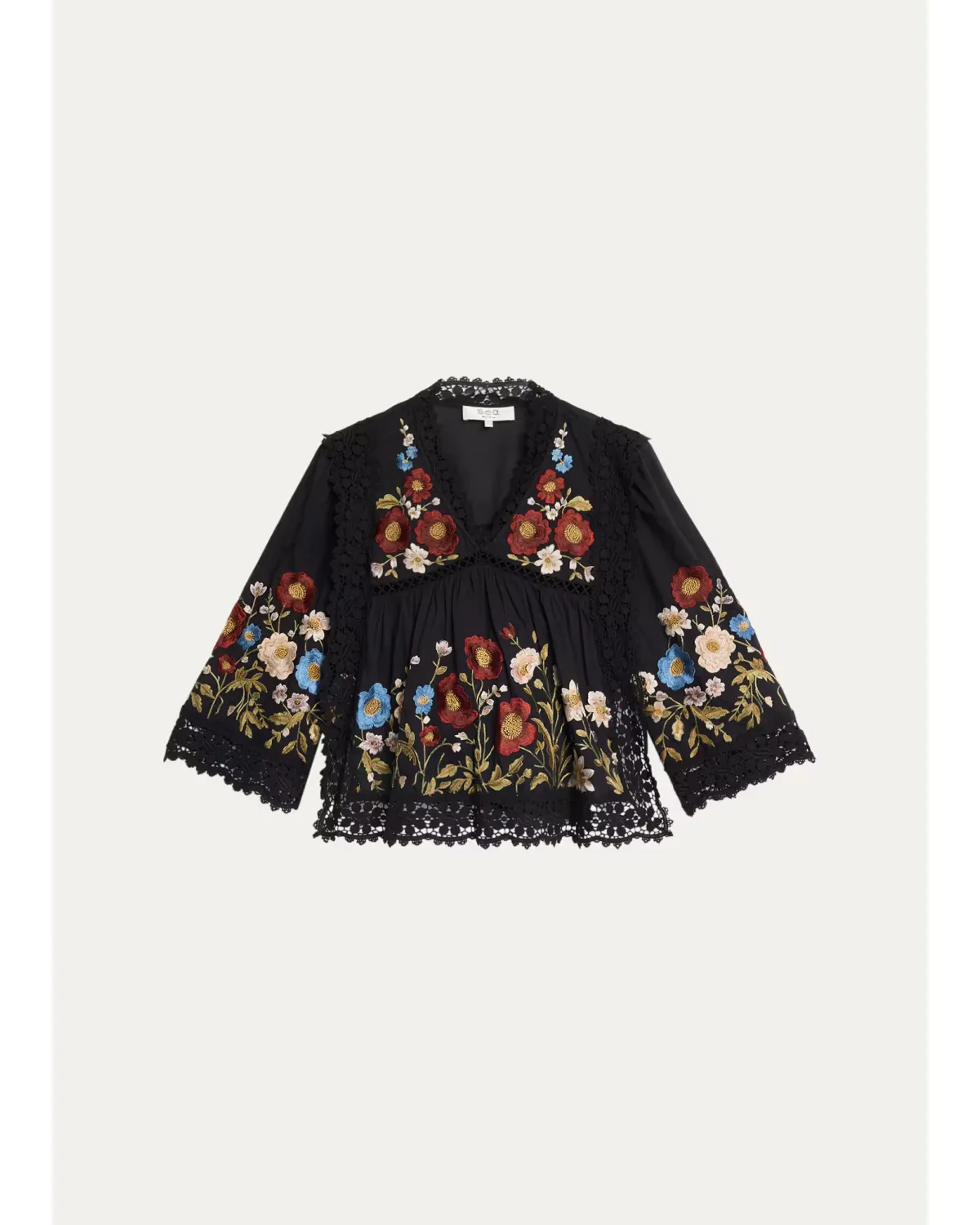 Ruwa Embroidered V-Neck Long-Sleeve Top with Lace Trim by Sea