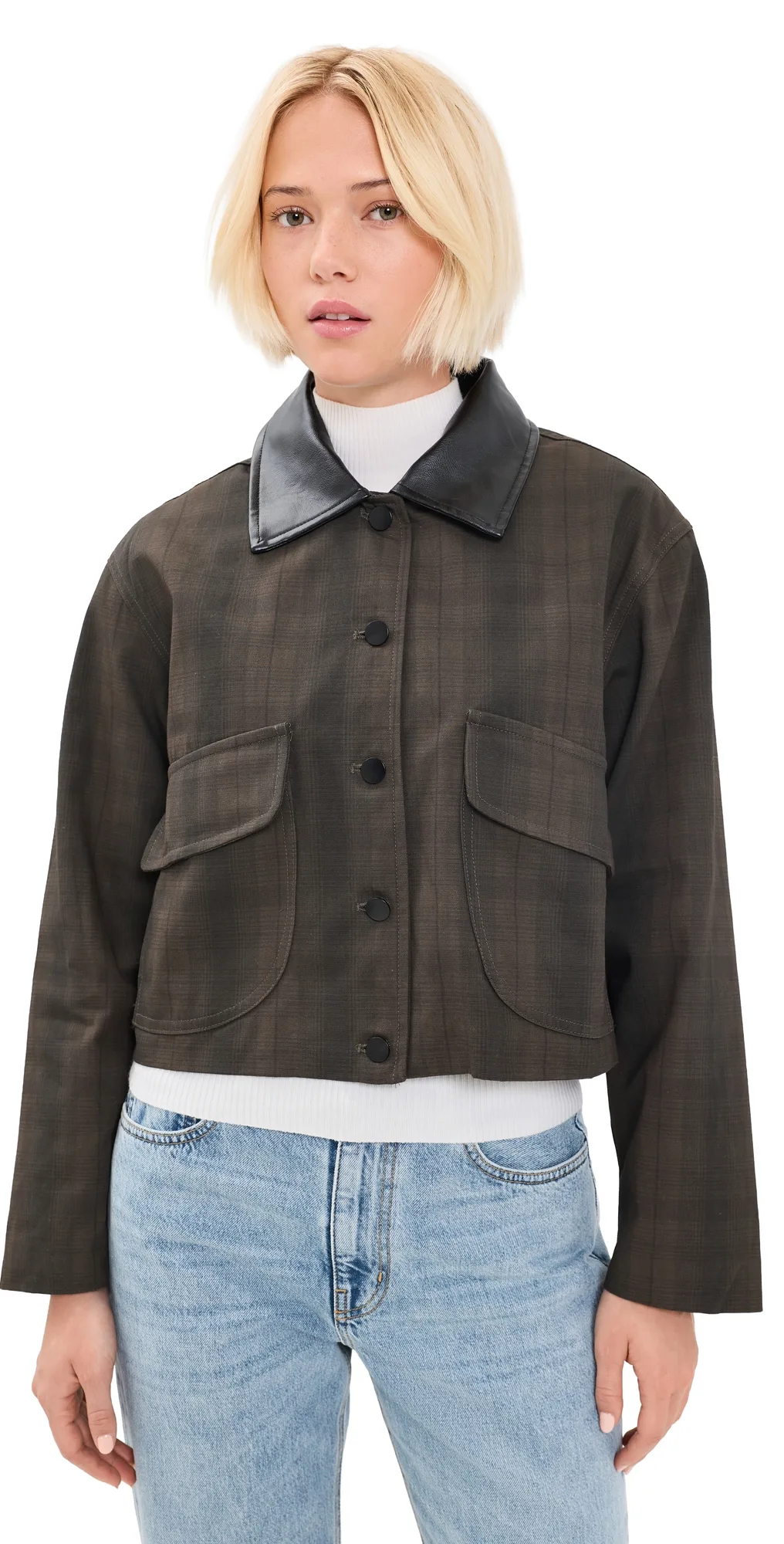 Contrast Collar Plaid Jacket Dark Olive Multi by Moon River