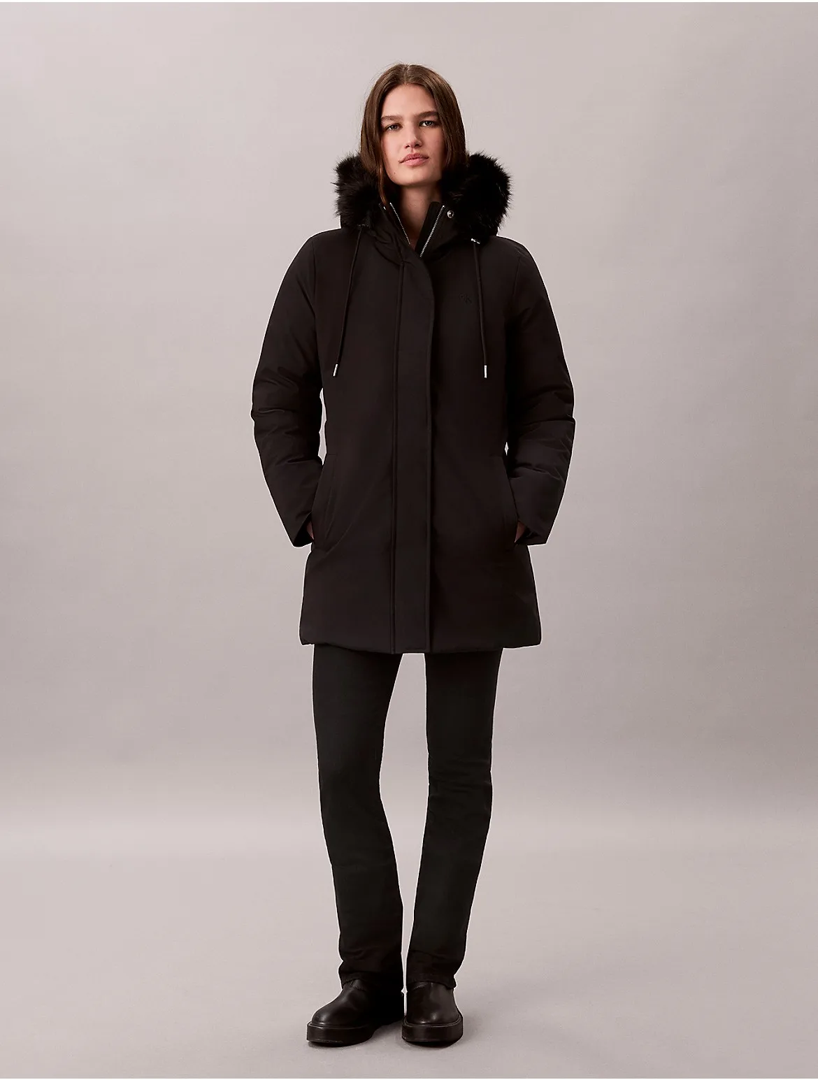 Faux Fur Hooded Belted Parka Jacket by Calvin Klein